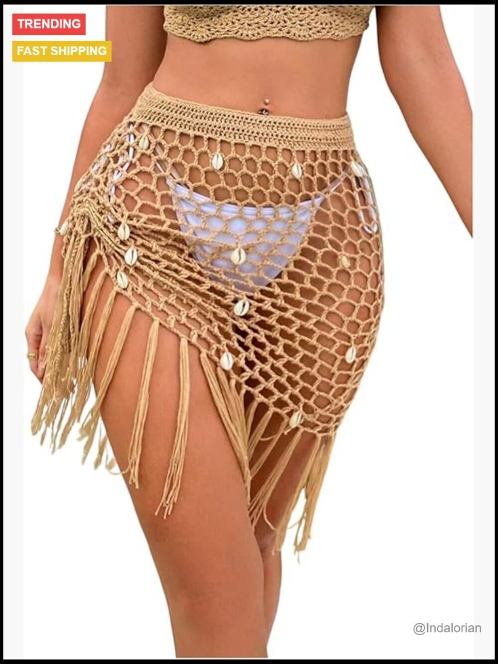 Crochet Hollow Out Sheer Fringe Hem Beach Cover Up Skirt